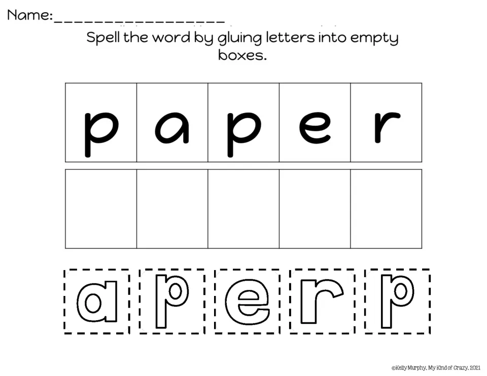 Spelling "paper": students cut out the letters a, p, e, r, p and glue them in order into empty boxes under the model word