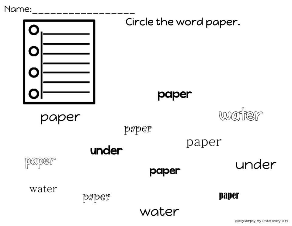Word recognition: students find and circle every "paper" among scattered paper, water and under words in varied fonts
