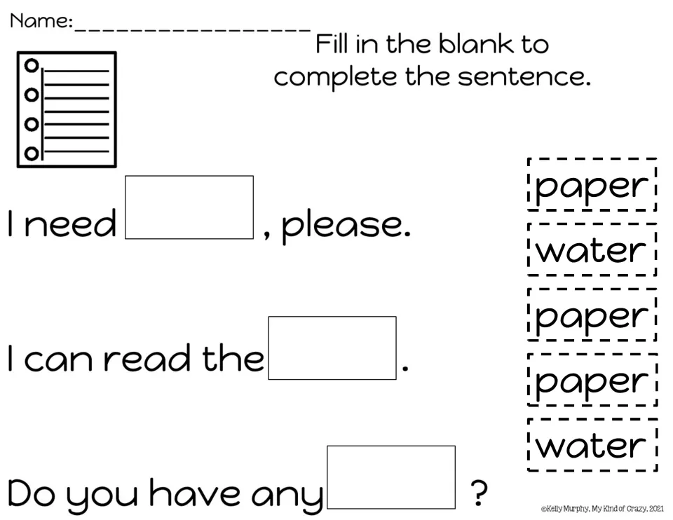Sentence completion: students glue paper or water word cards into blanks, such as "I need ___, please."