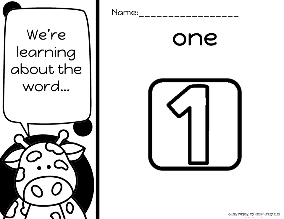Sight word intro for "one": a giraffe says "We're learning about the word..." beside the word and a large number 1