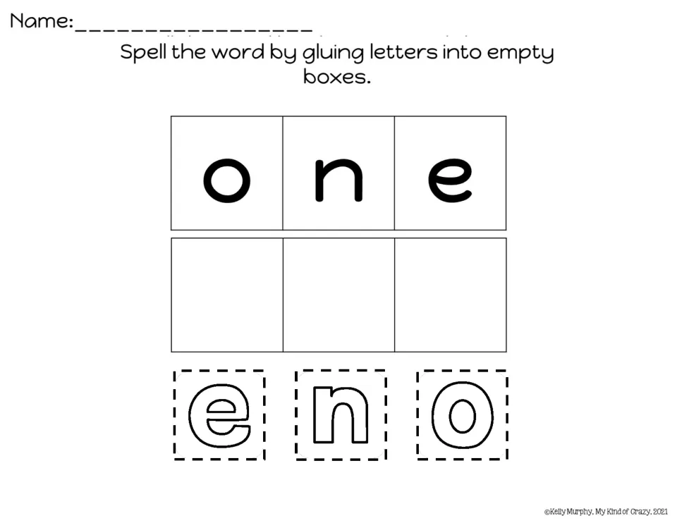 Spelling "one": students cut out the letters e, n, o and glue them in order into three empty boxes under the model word