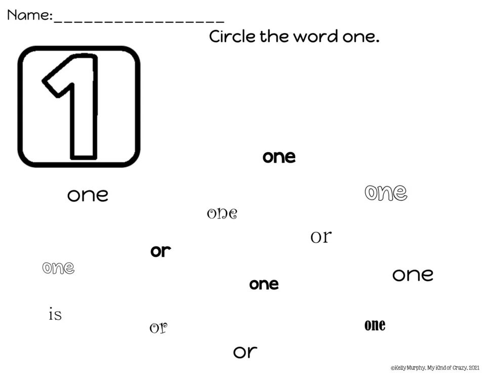 Word recognition: students find and circle every "one" among scattered or, is and one words in varied fonts