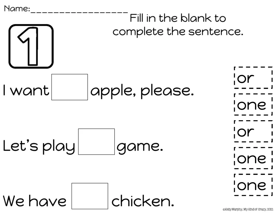 Sentence completion: students glue one or or word cards into blanks, such as "I want ___ apple, please."