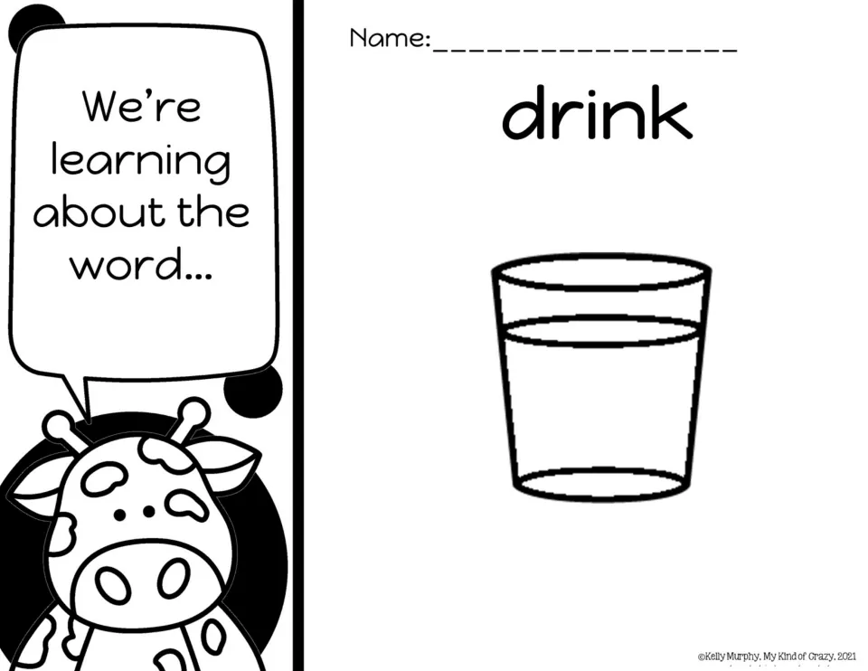 Sight word intro for "drink": a giraffe says "We're learning about the word..." beside the word and a glass of water