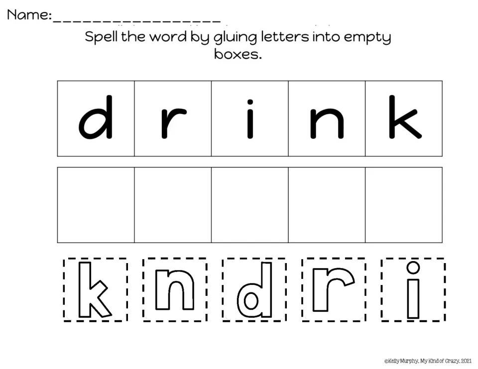 Spelling "drink": students cut out the letters k, n, d, r, i and glue them in order into five empty boxes under the model