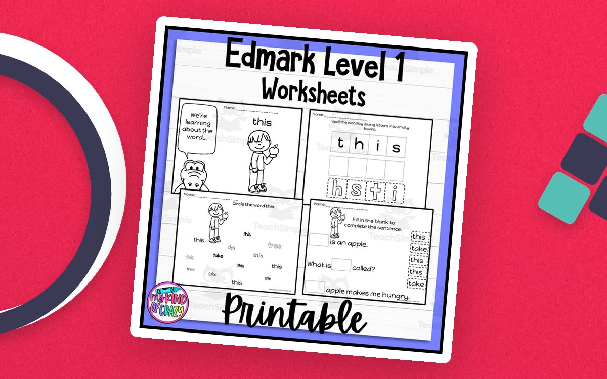 Edmark Level 1 worksheet cover showing picture-word, word-building, word-search and sentence activities for the target word “this.”