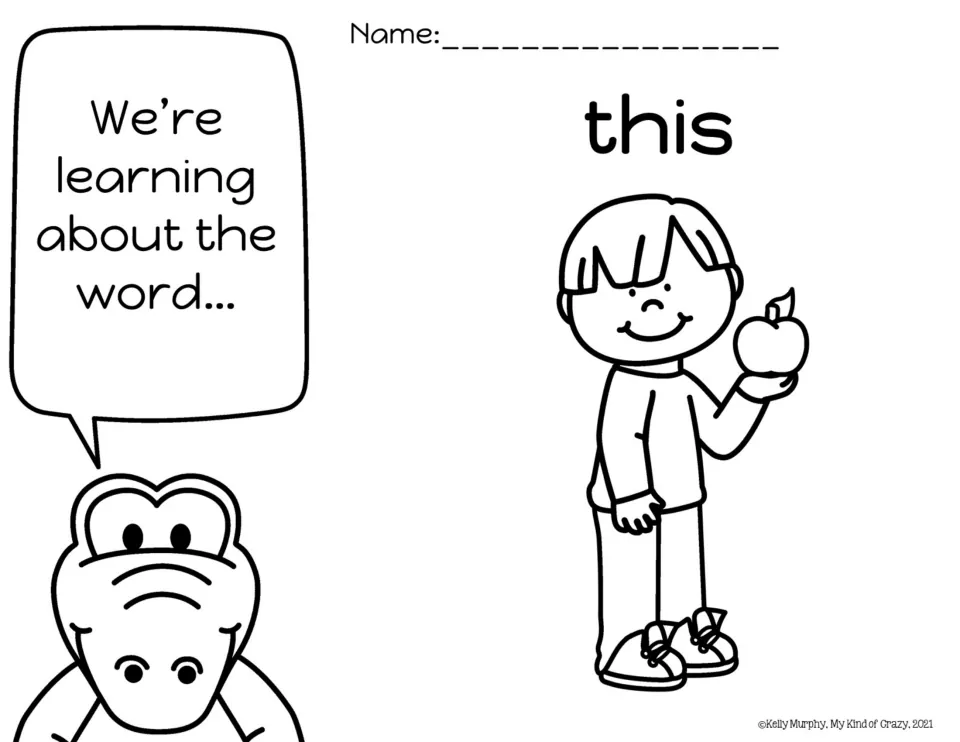 Sight word this introduction: a crocodile says we're learning about the word, beside a boy holding an apple to color