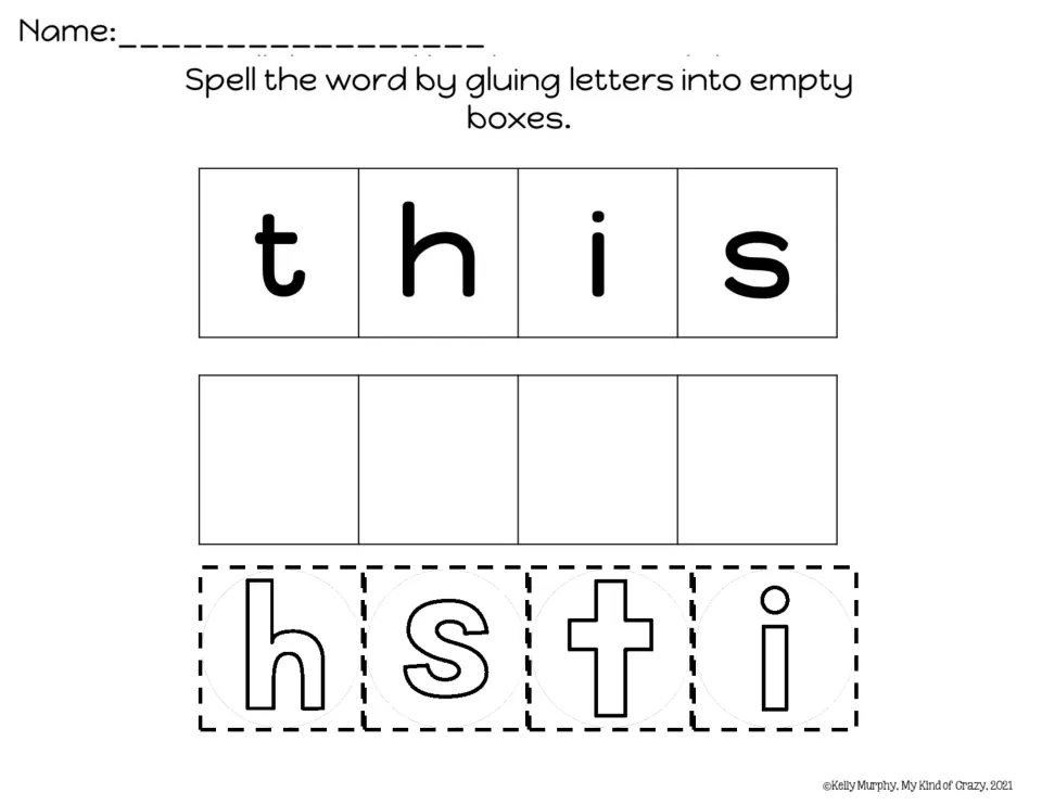 Spelling this: students cut out the scrambled letters h, s, t, i and glue them in order under the model word