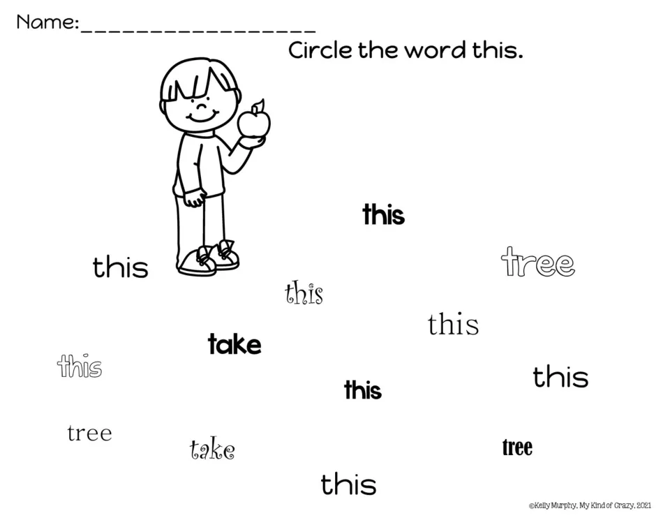 Word hunt for this: students circle every this in mixed fonts among the distractor words take and tree