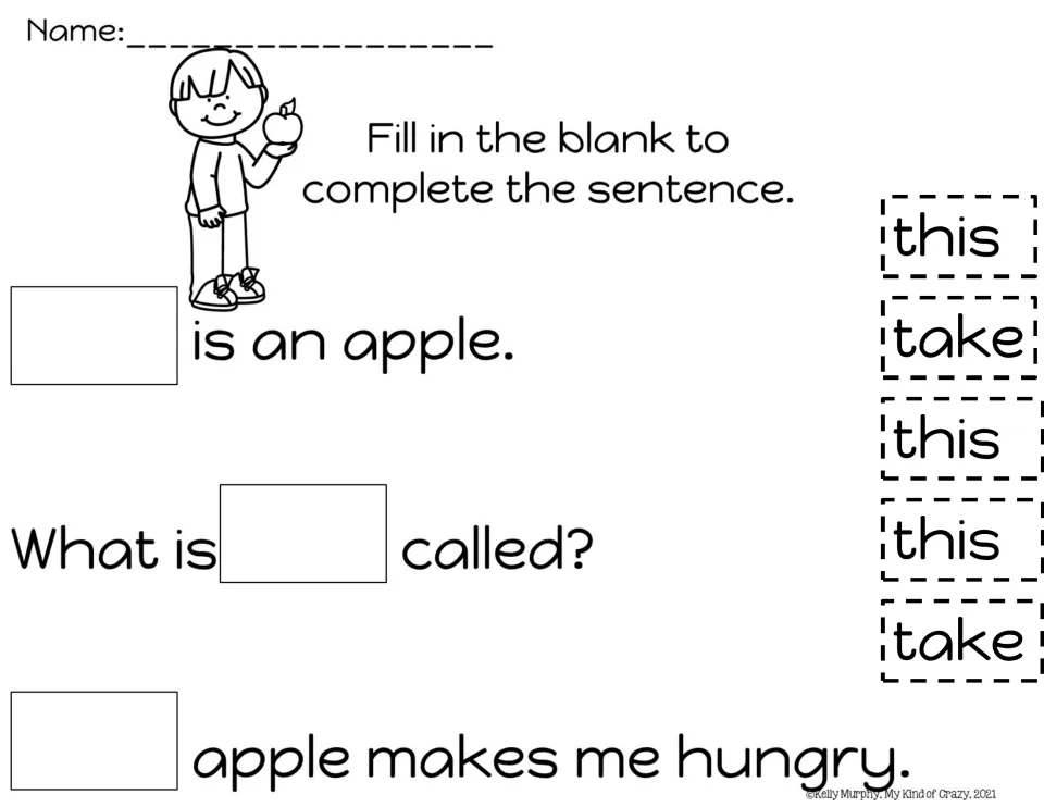 Sentence completion with this: students glue this or take word cards into sentences such as ___ is an apple