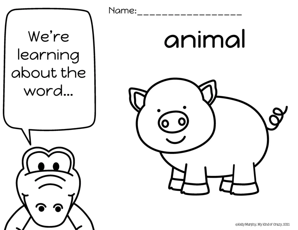 Sight word animal introduction: a crocodile announces the new word next to a smiling pig picture to color