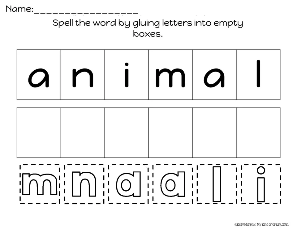 Spelling animal: students cut out scrambled letters m, n, a, a, l, i and glue them in order beneath the model