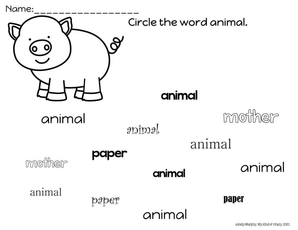 Word hunt for animal: students find and circle animal in varied fonts, skipping distractors mother and paper