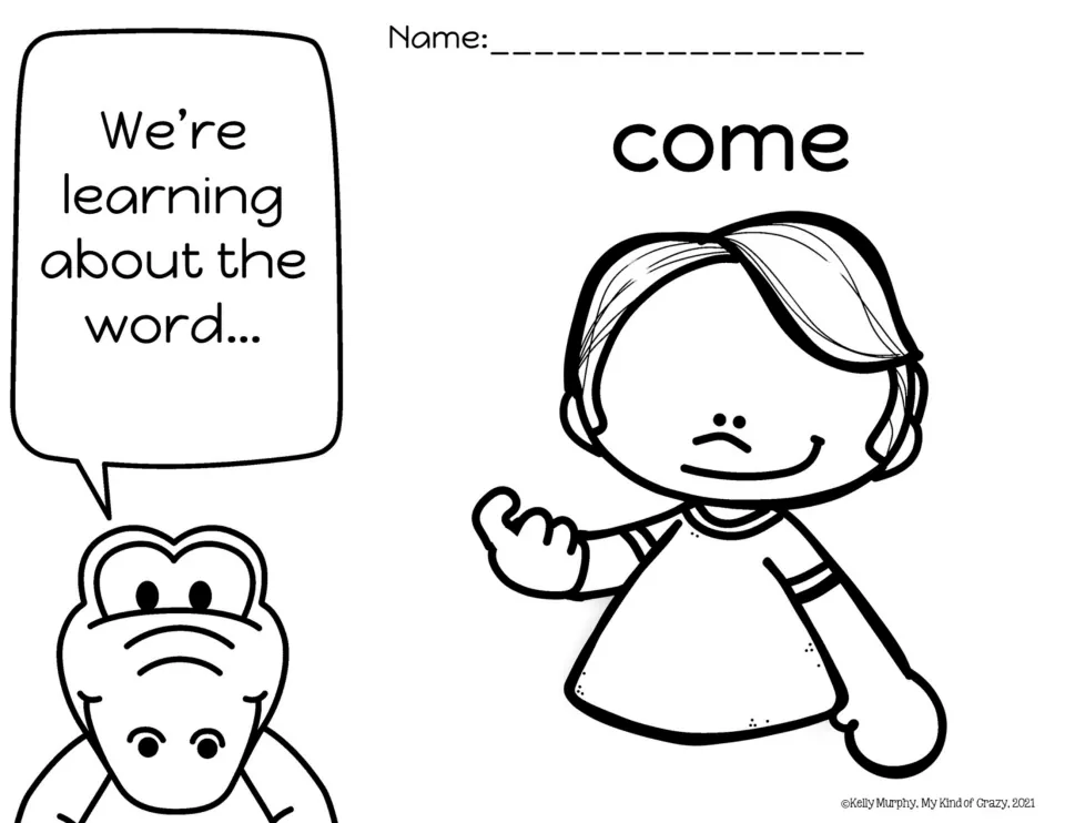 Sight word come introduction: a crocodile presents the new word beside a child waving someone over to color