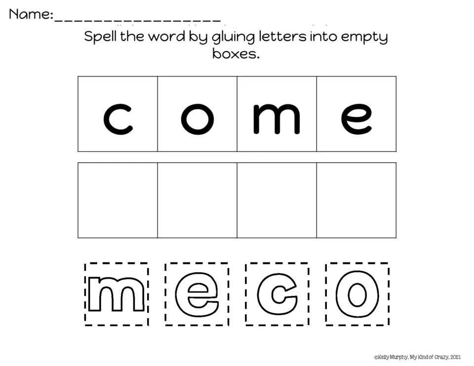 Spelling come: students cut out scrambled letters m, e, c, o and glue them in order below the printed word