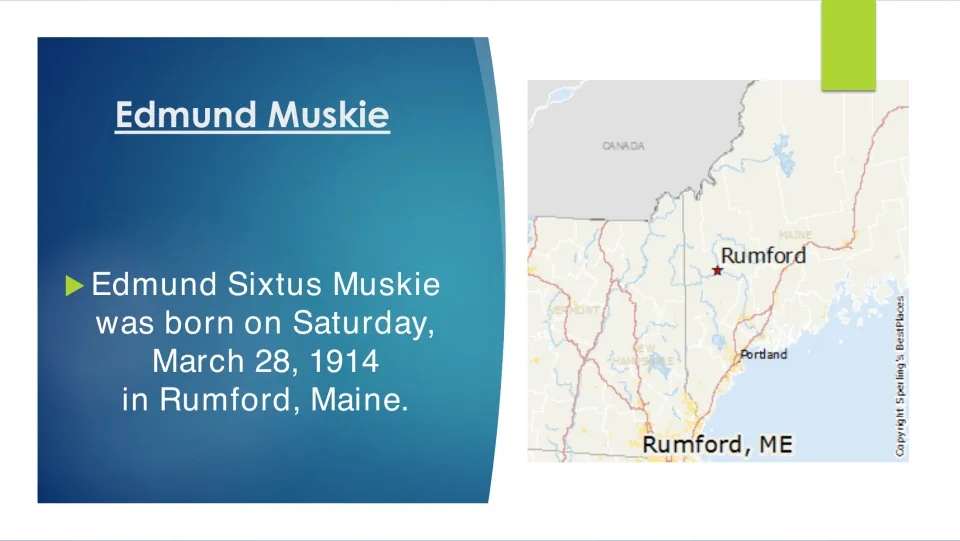 Biography slide giving Edmund Sixtus Muskie’s birth date, March 28, 1914, and birthplace, Rumford, Maine
