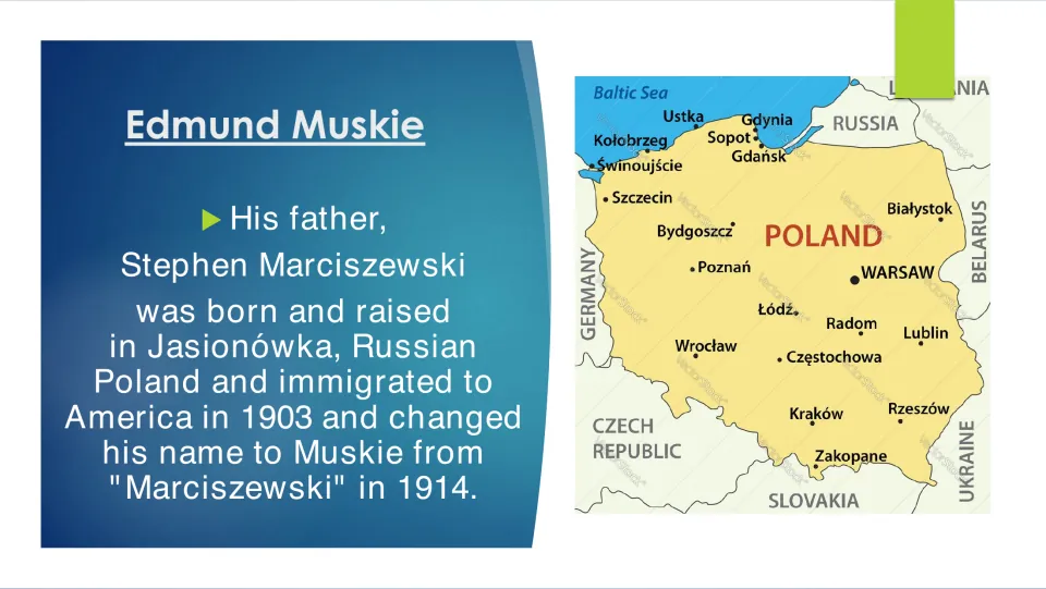 Biography slide tracing Muskie’s father from Russian Poland to America in 1903 and his name change in 1914