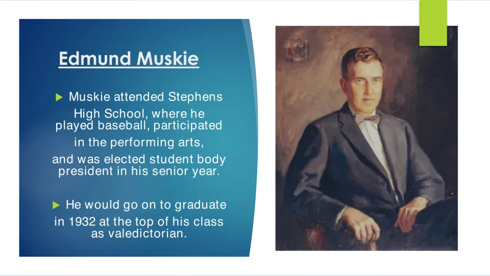 Biography slide covering Muskie’s activities at Stephens High School and his 1932 valedictorian graduation
