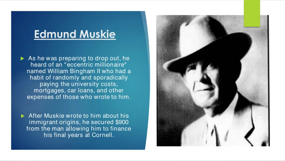 Biography slide explaining how William Bingham II gave Muskie $900 to finance his final years at Cornell