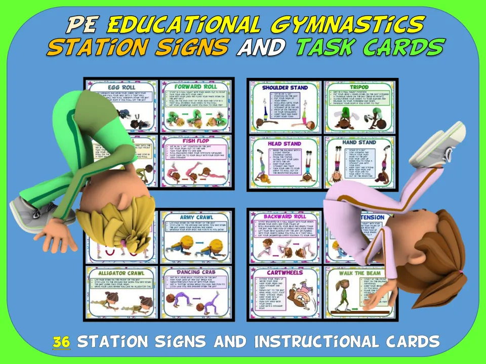 Cover for PE gymnastics station signs and task cards showing rolls, stands, crawls and balances; 36 signs and cards