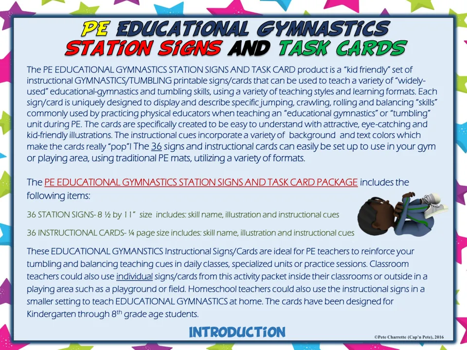 Introduction to the set: 36 full-page station signs and 36 quarter-page cards with skill names, illustrations and cues