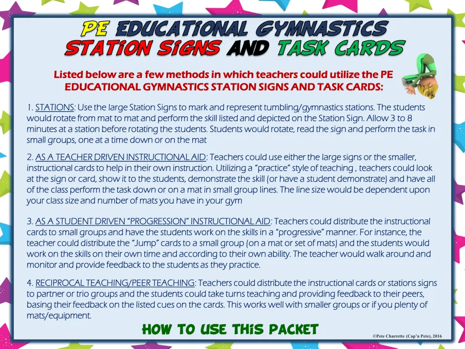 How to use this packet: four class formats, from rotating stations to teacher-led practice, progressions and peer teaching