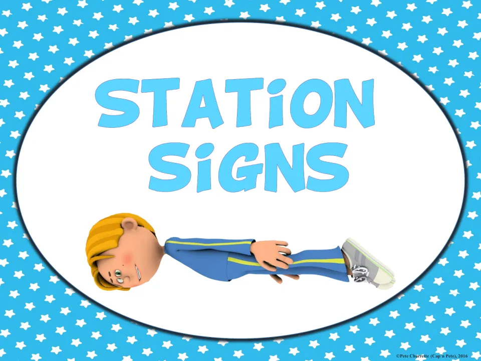 Station Signs section title with a cartoon student lying stretched out flat, opening the full-page tumbling skill signs