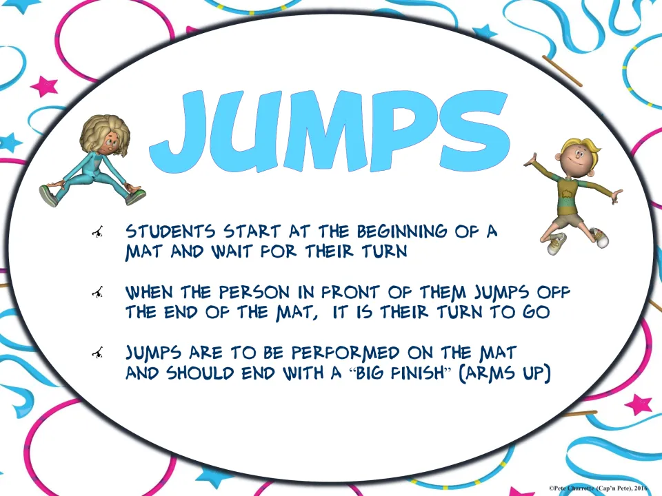 Jumps rules sign: students wait at the start of the mat, go when the jumper ahead finishes, end with a big finish, arms up