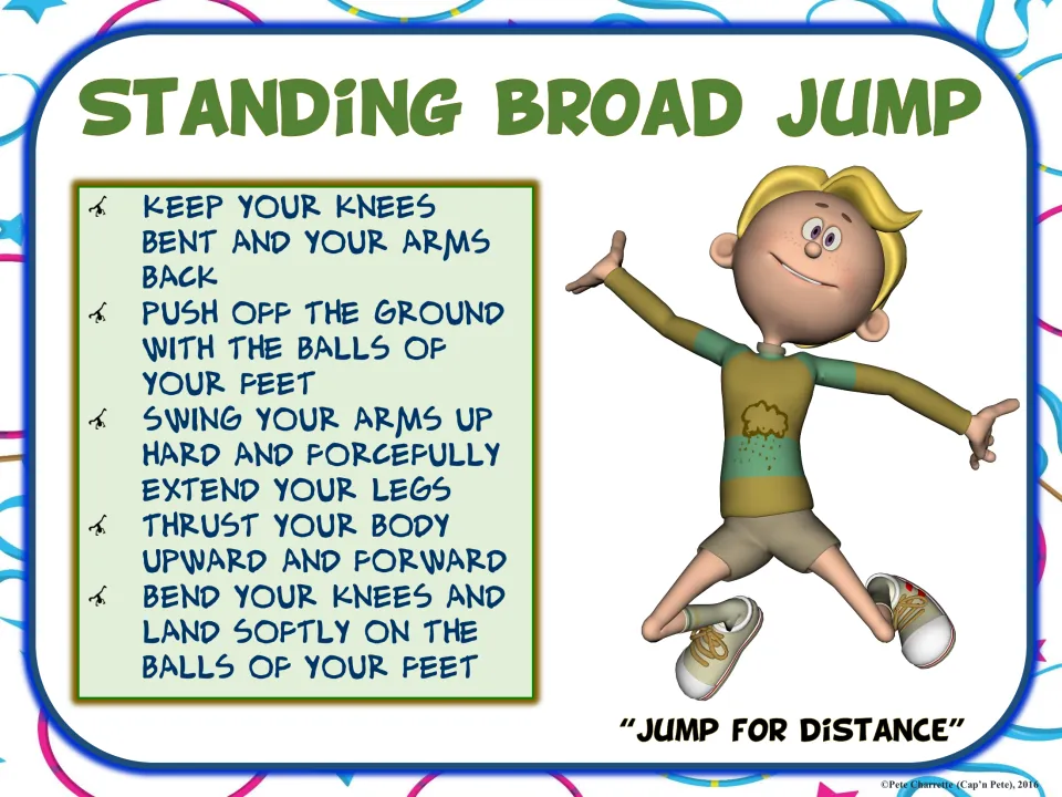 Standing broad jump sign: students bend knees, swing arms and push off the balls of the feet to jump for distance