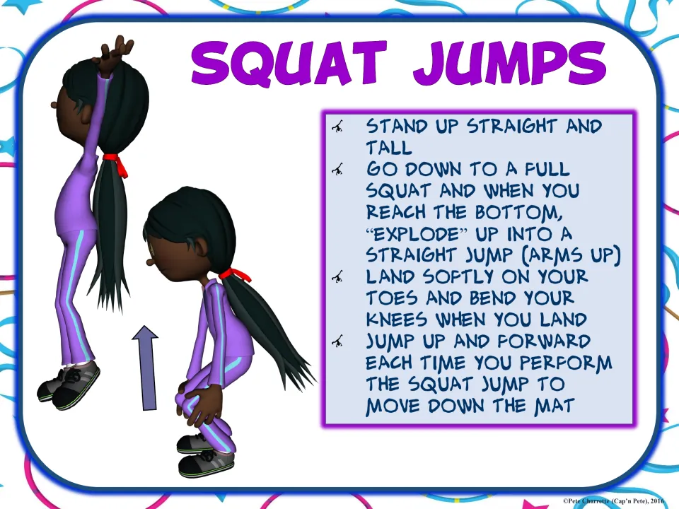 Squat jumps sign: students drop to a full squat, explode into a straight jump arms up, land softly and move down the mat