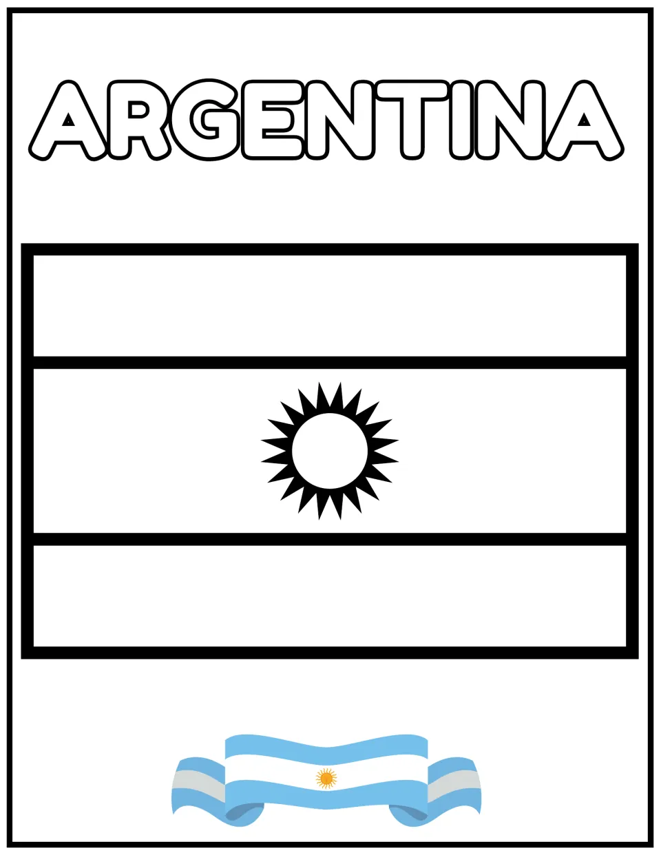 Argentina flag to color: students fill in three horizontal stripes and the central sun, matching the small color ribbon