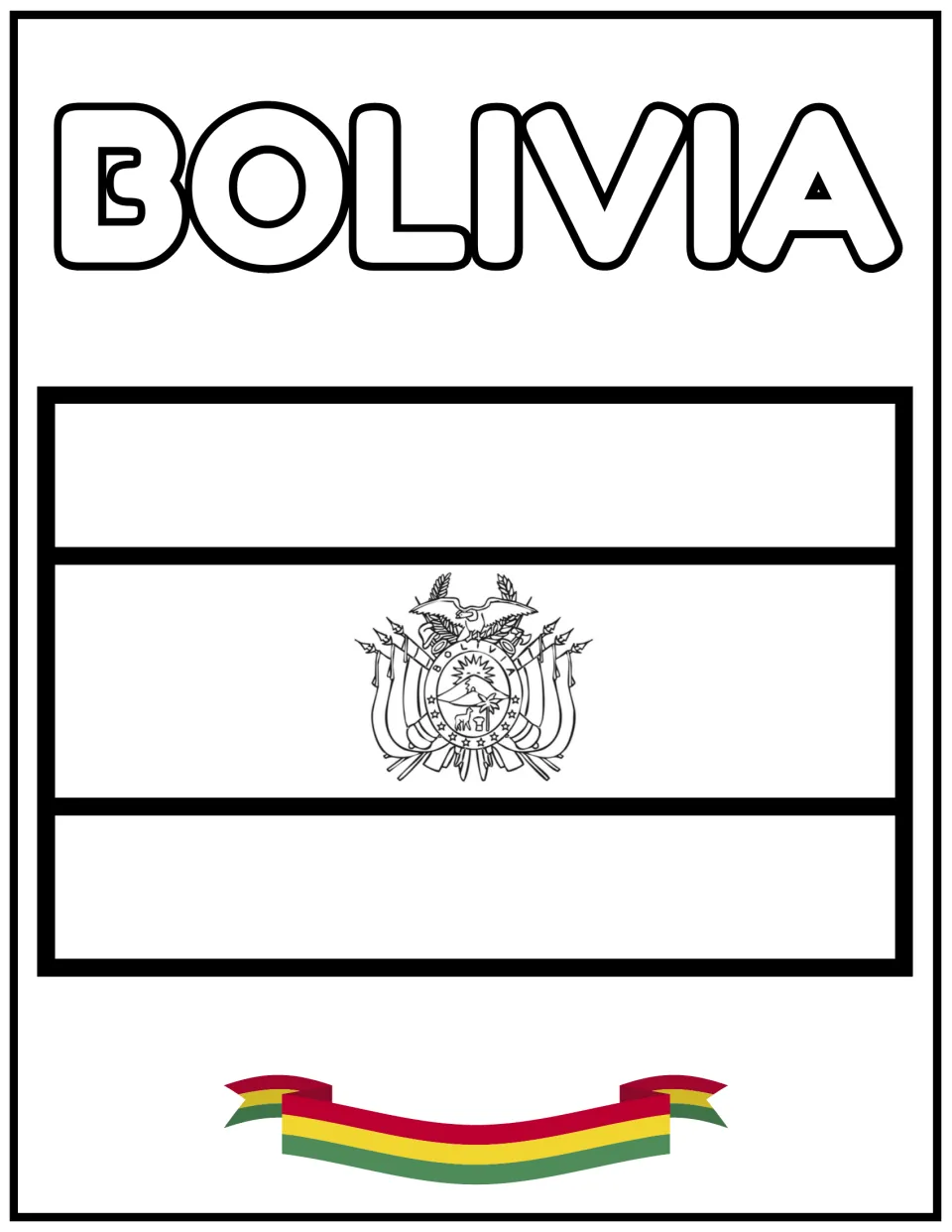 Bolivia flag outline for coloring: three horizontal stripes and the coat of arms, with a red, yellow and green ribbon
