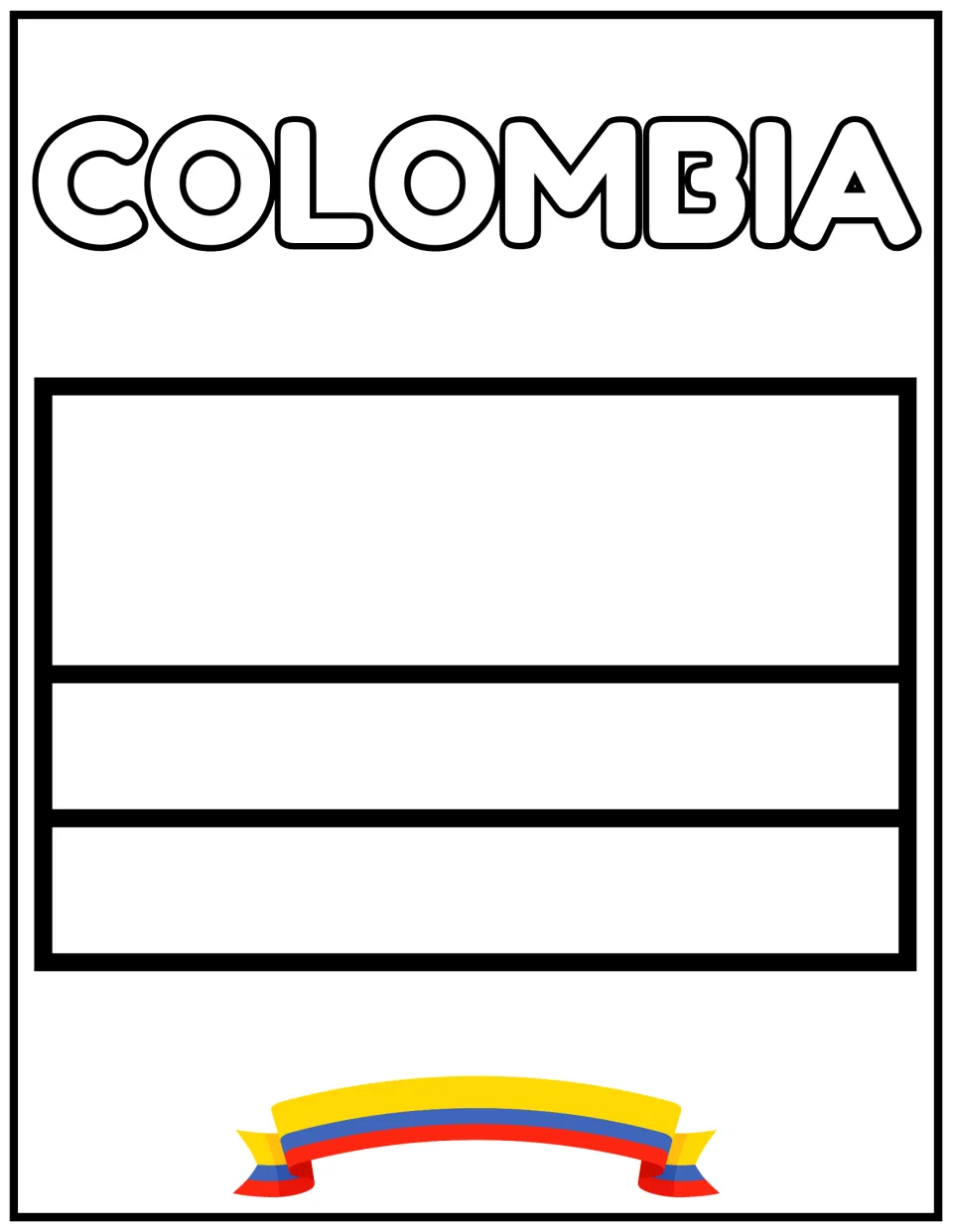 Colombia flag outline: students color the wide top band and two narrow bands, copying the yellow, blue and red ribbon