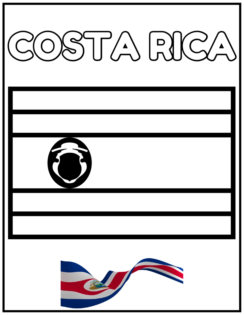 Costa Rica flag to color: students fill five horizontal stripes and the oval emblem on the wide center band