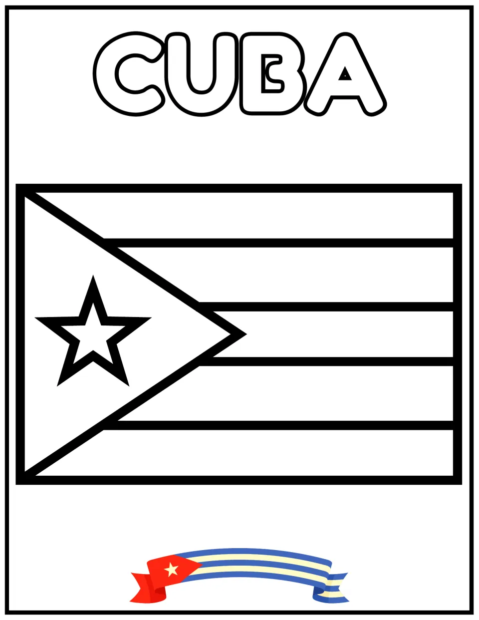 Cuba flag outline: students color five horizontal stripes and the starred triangle, using the red, white and blue ribbon