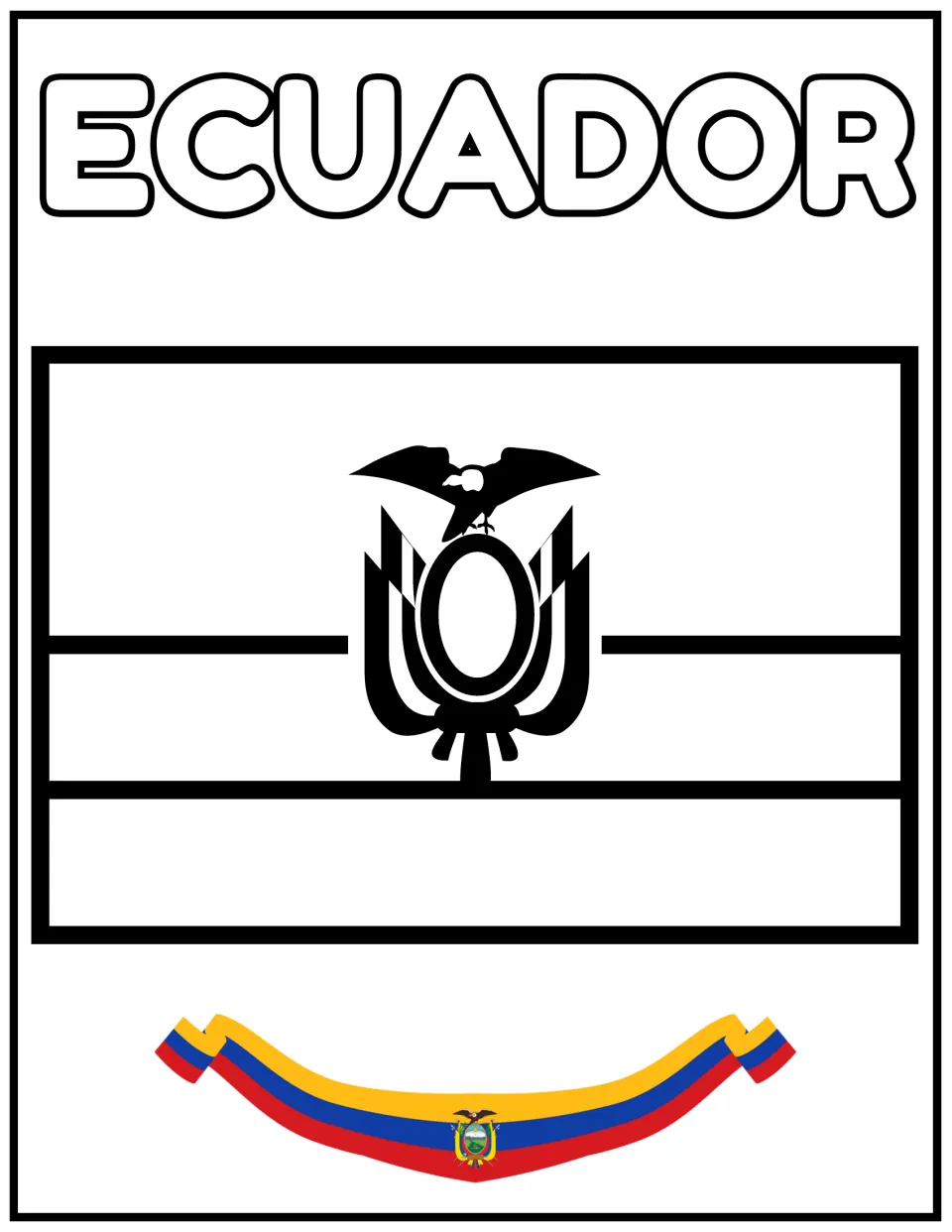 Ecuador flag to color: three horizontal bands with the condor-topped coat of arms, beside a yellow, blue and red sash