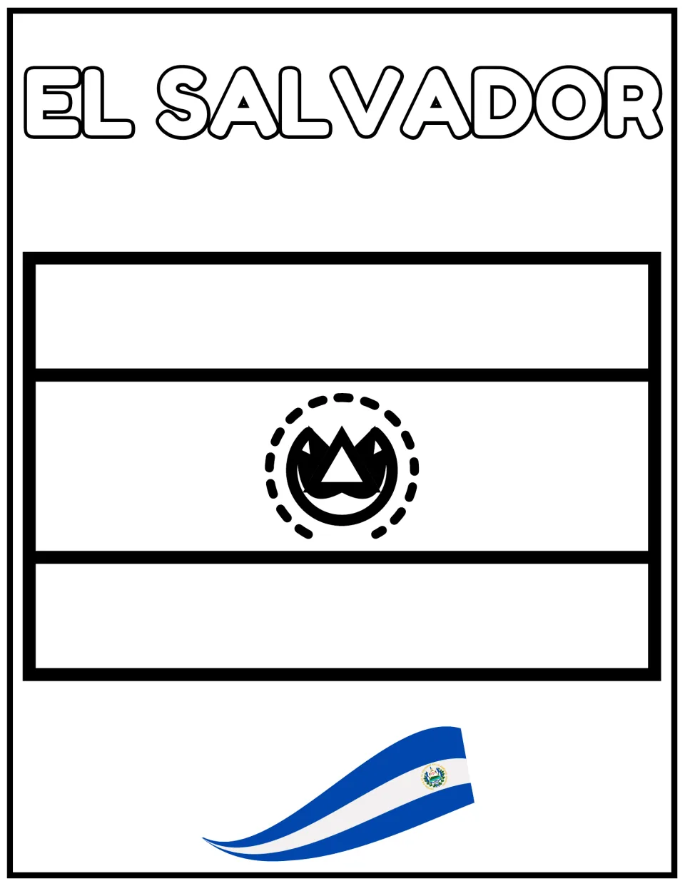 El Salvador flag outline: students color three horizontal stripes and the round emblem, using the blue and white ribbon