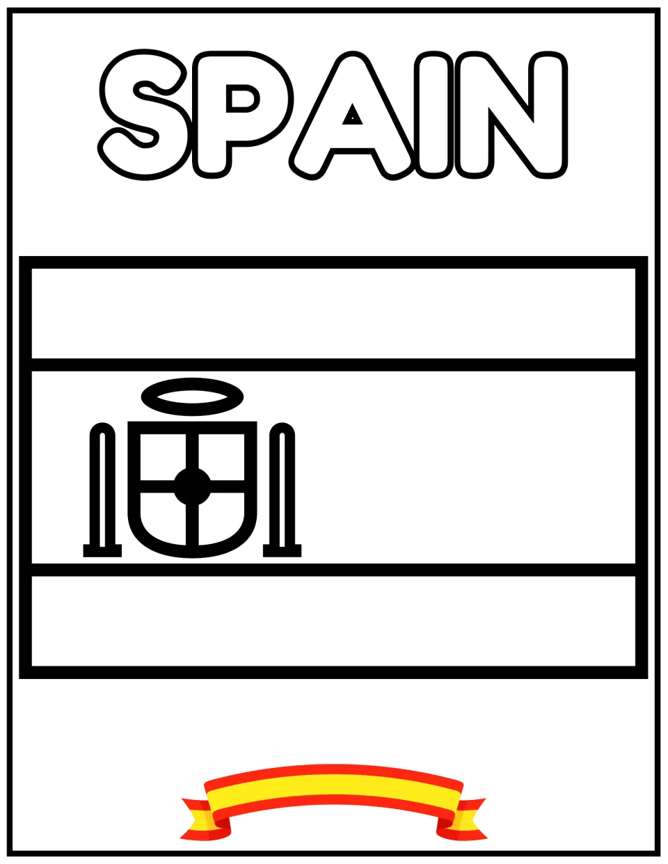 Spain flag to color: three horizontal bands with the coat of arms and pillars on the left, plus a red and yellow ribbon