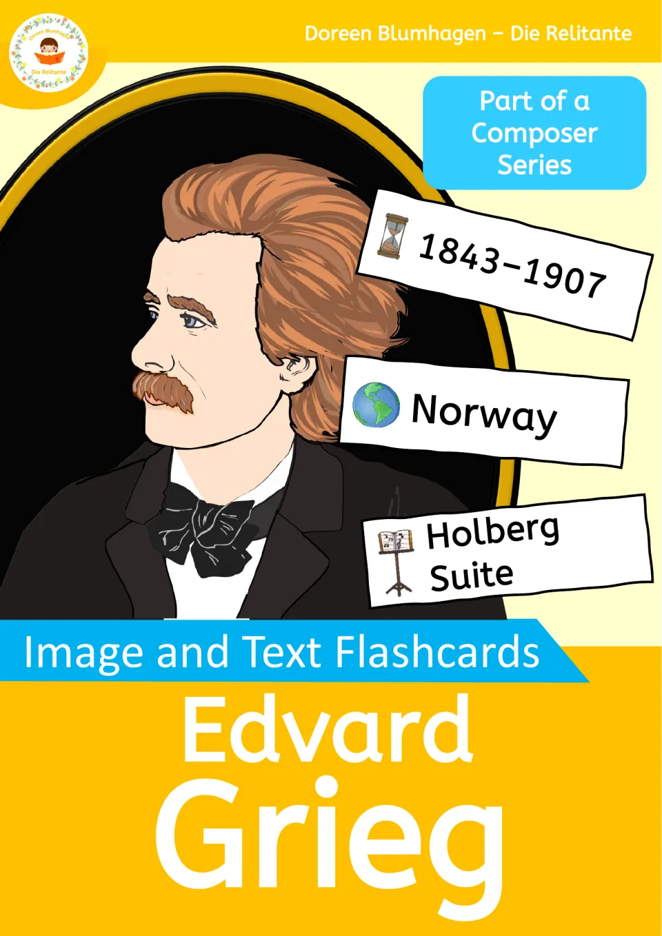 Edvard Grieg image and text flashcards cover: composer portrait with sample cards for 1843–1907, Norway and Holberg Suite
