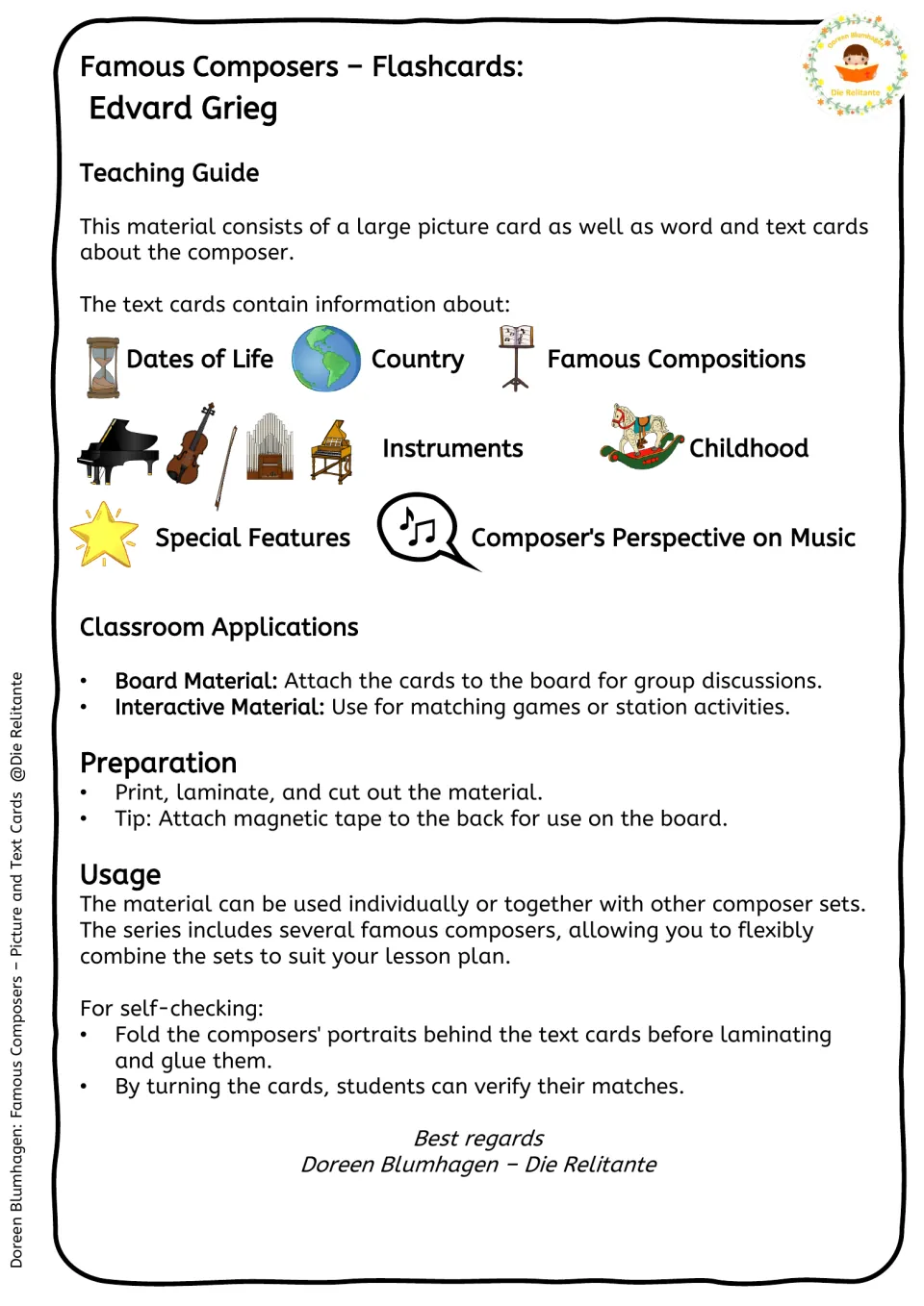 Teaching guide for the Grieg cards: topic icons for dates, country, works and childhood, plus board, matching and prep tips