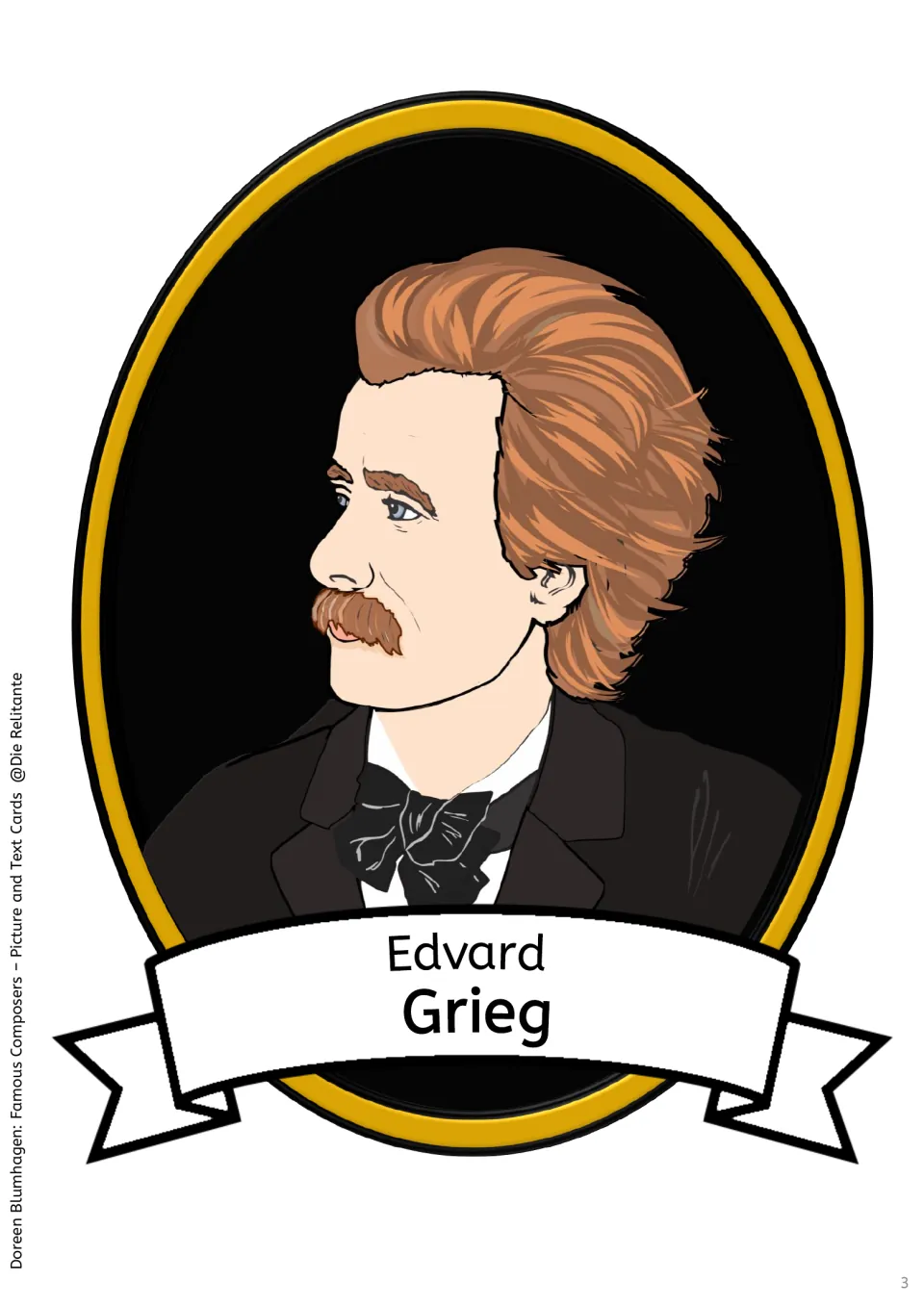 Large picture card of composer Edvard Grieg: a drawn portrait with his name on a banner, used to match the fact cards