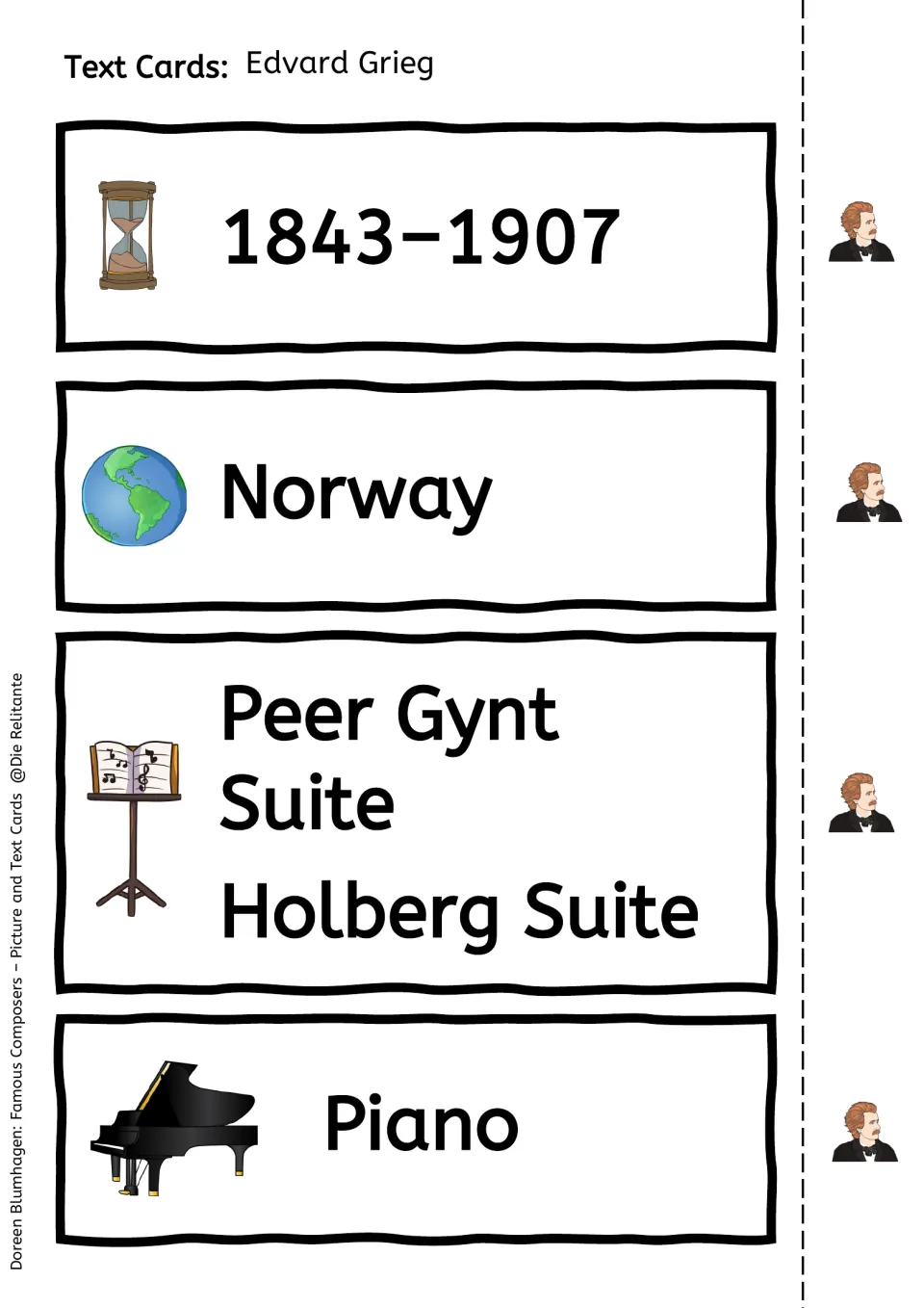 Grieg fact cards for matching: dates 1843–1907, Norway, Peer Gynt Suite and Holberg Suite, and piano, each with an icon