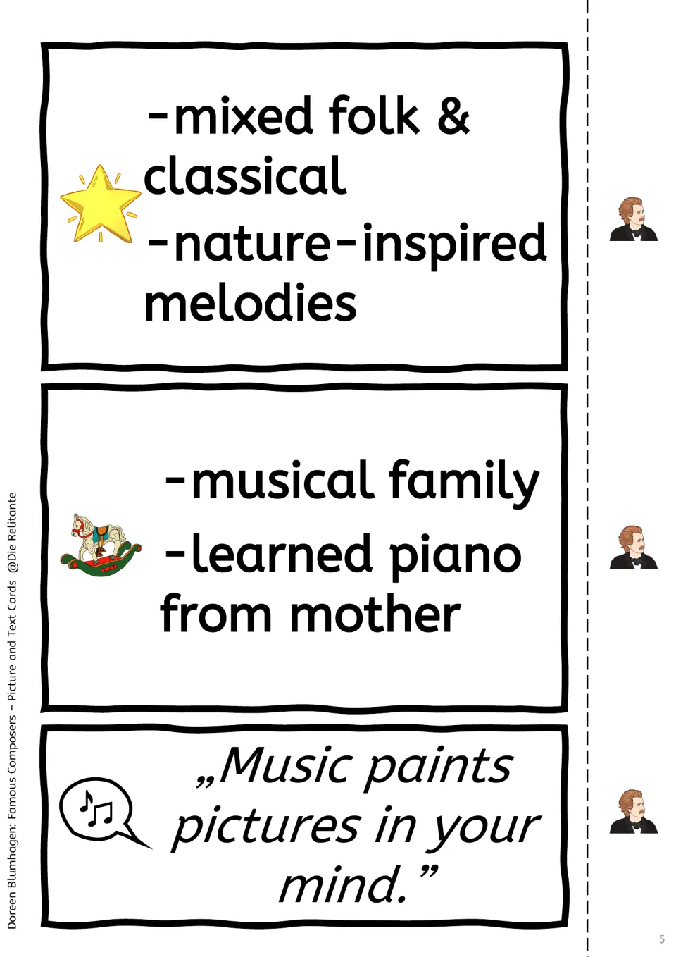 Grieg fact cards on style and childhood: folk and classical mix, learned piano from mother, quote 'Music paints pictures'