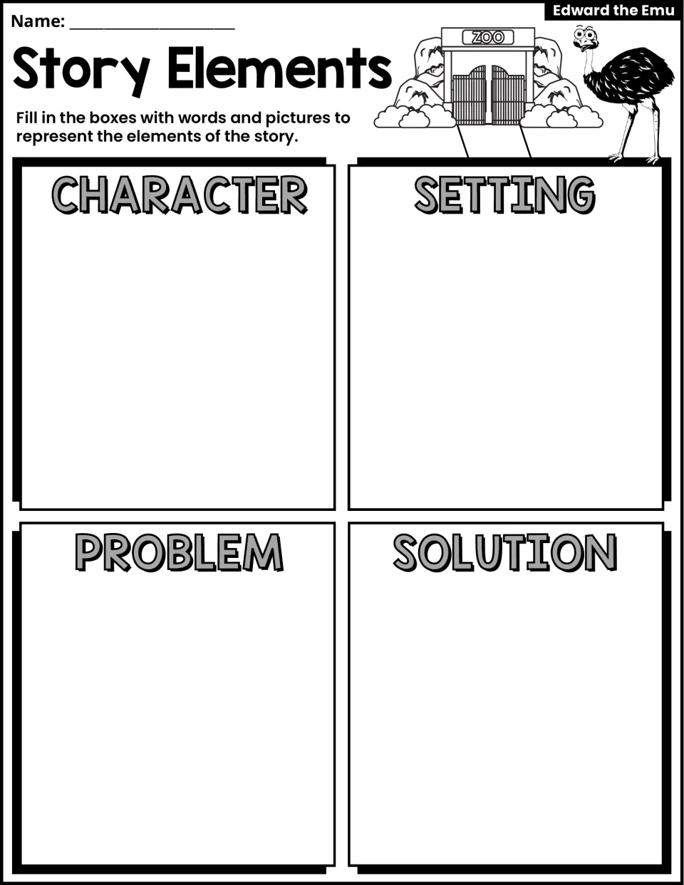 Story elements: students use words and pictures to record the character, setting, problem and solution of Edward's story