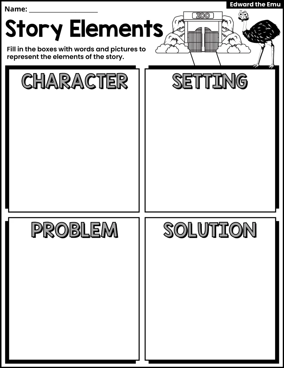 Story elements, second copy: students draw and write Edward's character, setting, problem and solution in four labeled parts