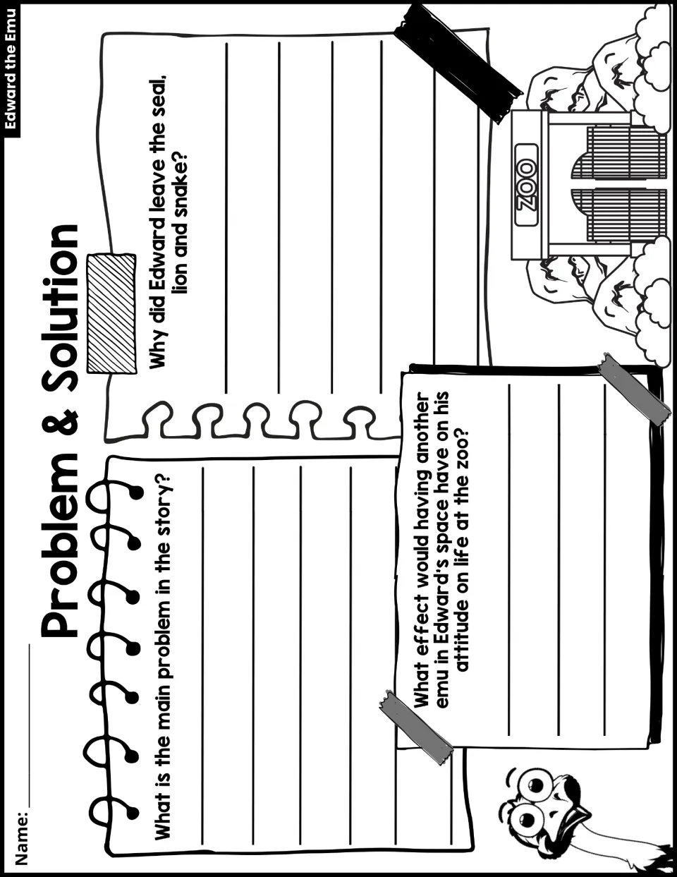 Problem and solution: students explain the main problem, why Edward left the seal, lion and snake, and another emu's effect