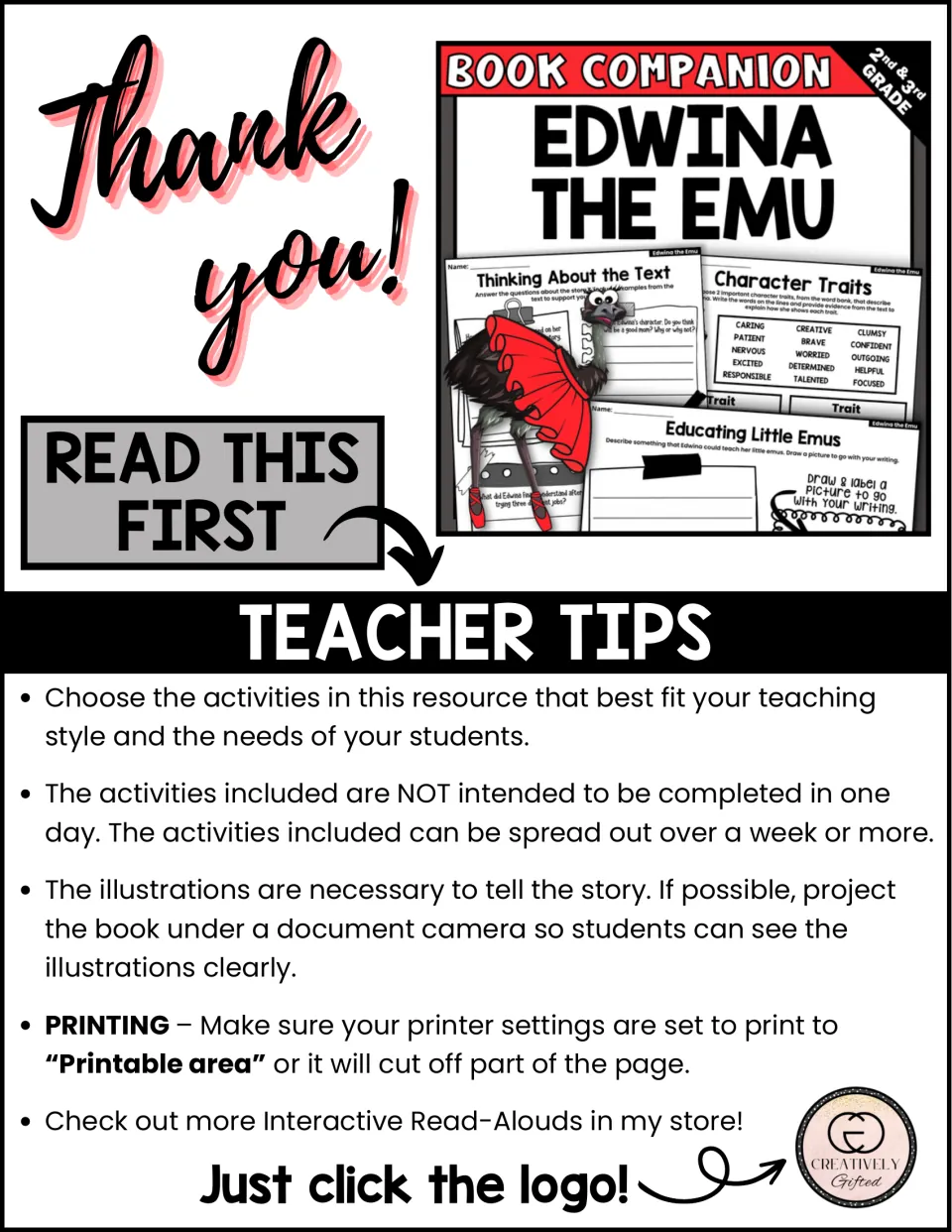 Teacher tips: pick activities that fit your class, spread them over a week, project the book's pictures, set printable area