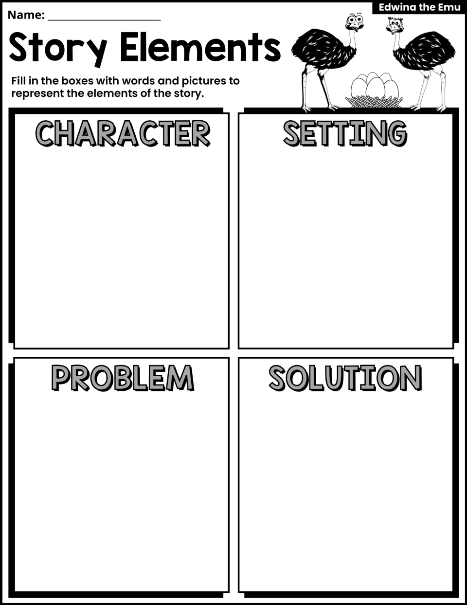 Story elements organizer: students use words and pictures to record the character, setting, problem and solution