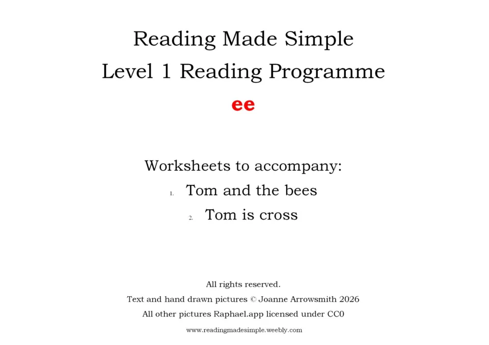 EE worksheet packet cover for the Level 1 reading program, accompanying Tom and the bees and Tom is cross