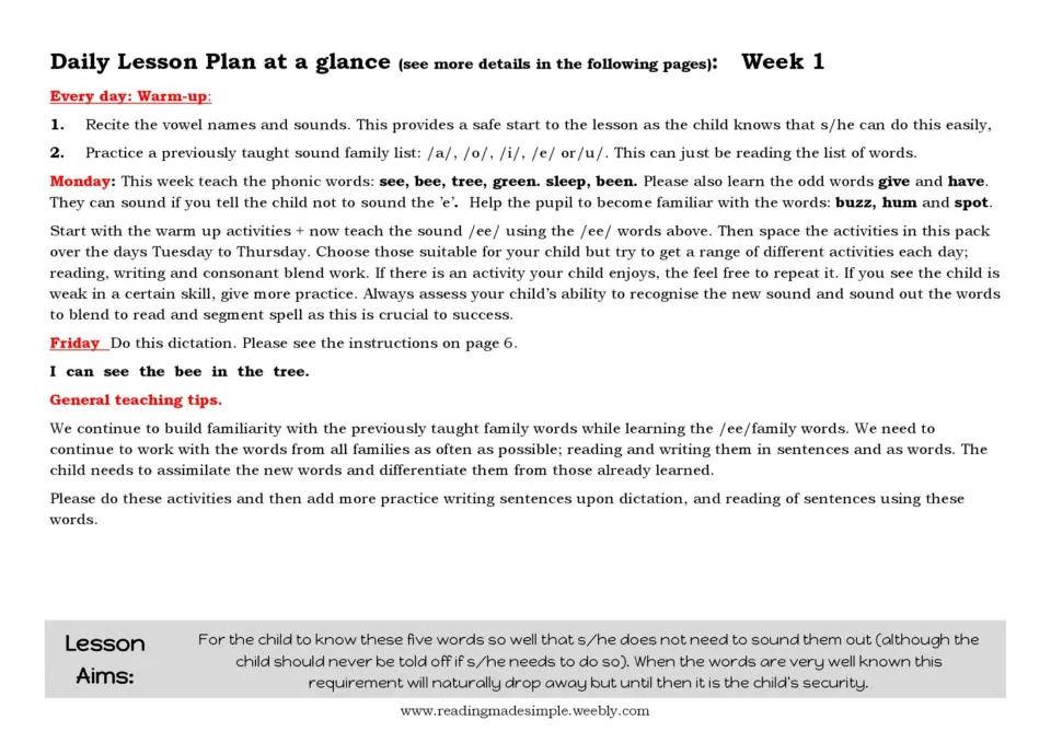 Week 1 EE lesson overview lists see, bee, tree, green, sleep, been and the dictation I can see the bee in the tree